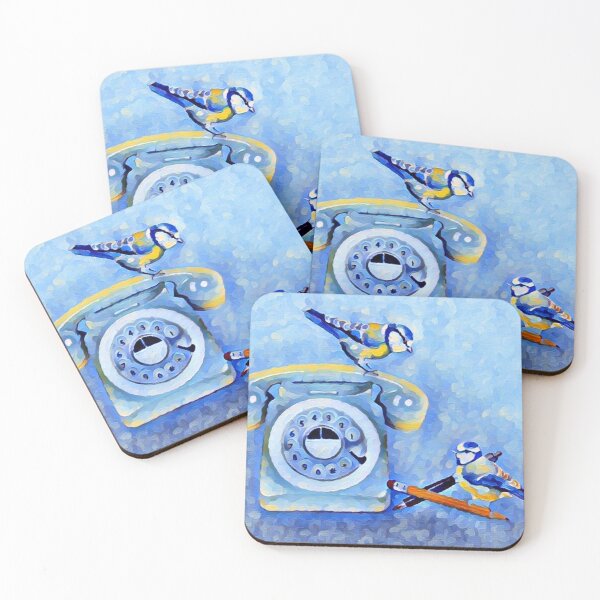 Item preview, 'Sending a Tweet' Original Paining by ZoeBaileyArt, Pair Of Pretty Blue Tit Birds with an old fashioned telephone, 1970's 1980's designed and sold by Coco Blast.