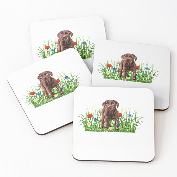 Item preview, A Chocolate Labrador in grass ad flowers. Golden labrador and flowers.  A gift for all lab dog owners. designed and sold by Doggymadness.