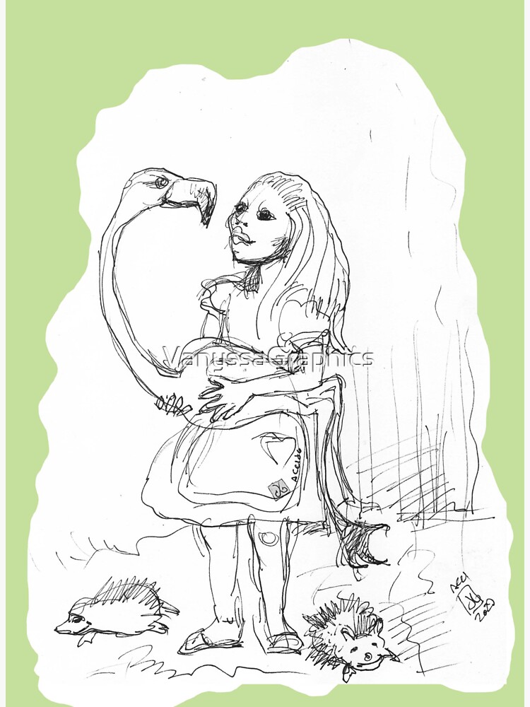 "Alice in Wonderland Alice Holding A Flamingo Bird (original ink