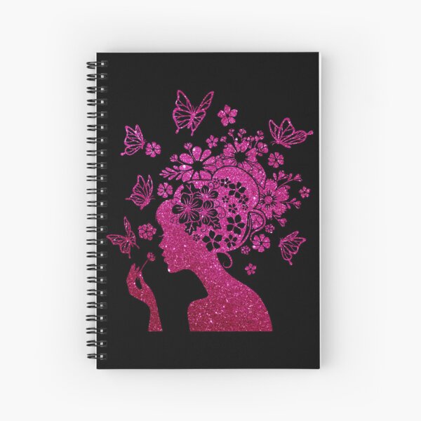 Pink Glitter Woman With Flowers Butterflies Head, Floral butterfly Woman, Flower butterfly Girl Glitter Spiral Notebook