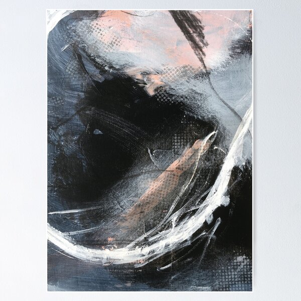 Peinture abstraite en noir, blanc, bleu gris et corail (Discovery n°1) Poster