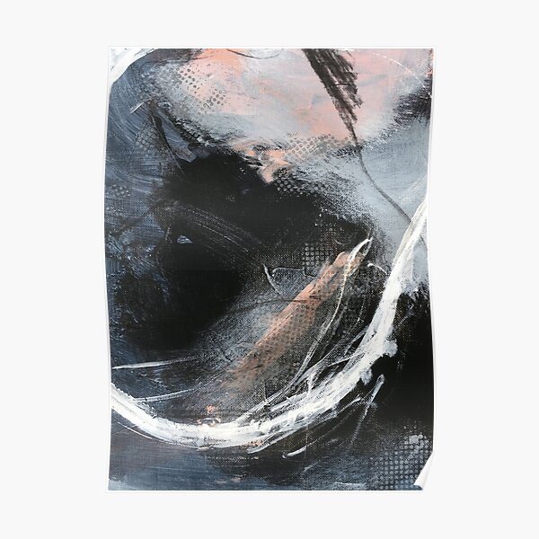Peinture abstraite en noir, blanc, bleu gris et corail (Discovery n°1) Poster