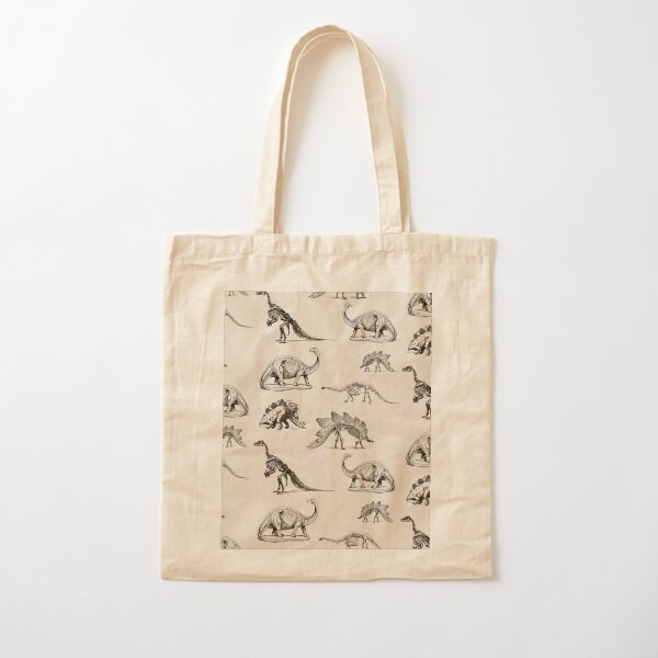 Vintage Museum Dinosaur Skeleton Illustrations, Black & Cream Dinos Cotton Tote Bag