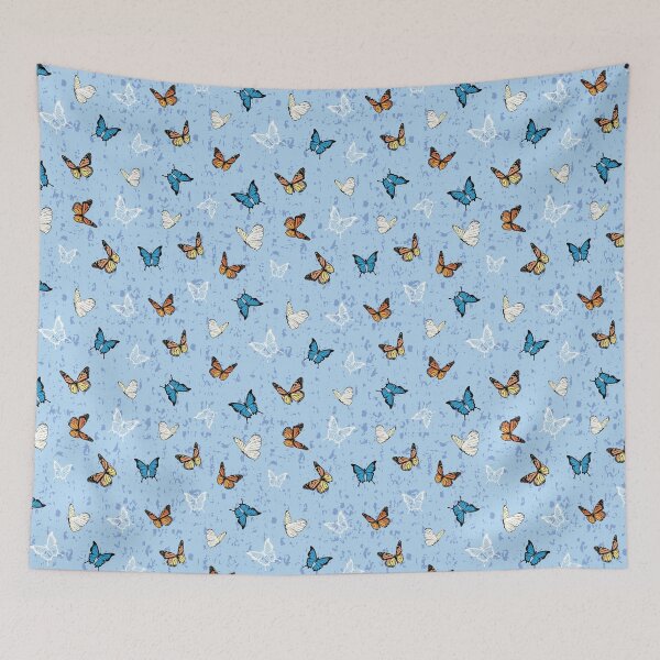 Artikelvorschau, Strukturiertes Pastellblau mit blauem und orange Schmetterlings-Muster entworfen und verkauft von CJAura by Claire Jane Johnson.