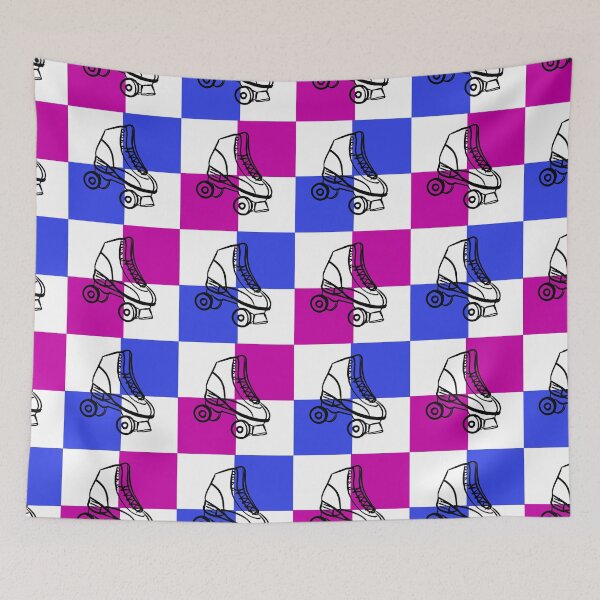 Item preview, blue and raspberry checkerboard pattern with rollerskates designed and sold by MGuyerArt.