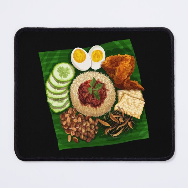 Artikelvorschau, Nasi-Lemak-Reis mit gebratenem Huhn, Eiern, Gurken, Sardellen, Erdnüssen und Keropok auf einem Bananenblatt entworfen und verkauft von Alicia Chee.