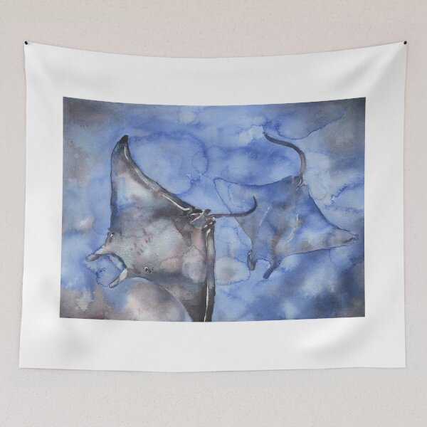 Item preview, Manta Rays swimming in ocean.  Watercolor painting blue decor ocean animal painting stingray manta ray artwork decor designed and sold by rfoxphoto.