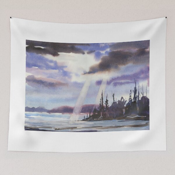 Item preview, Stormy landscape painting.  Watercolor painting of sun's rays designed and sold by rfoxphoto.