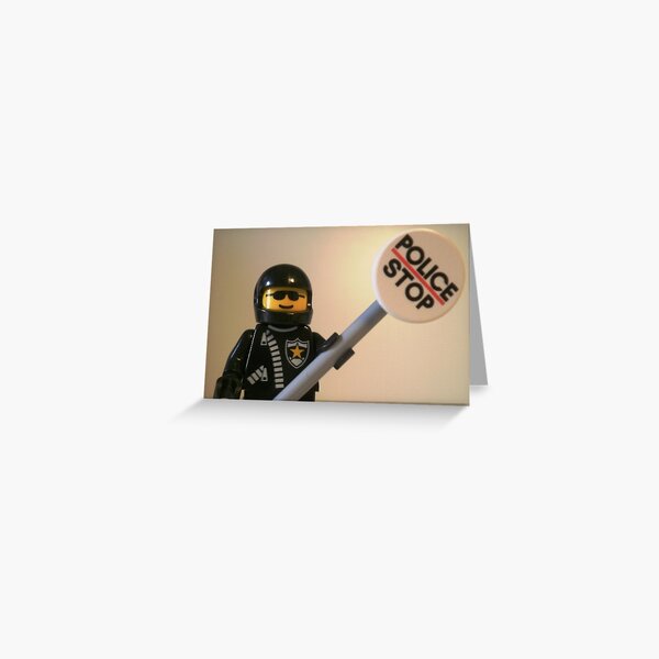 Classic Police Motorcycle Man Cop Minifigure & Police Stop Sign Greeting Card