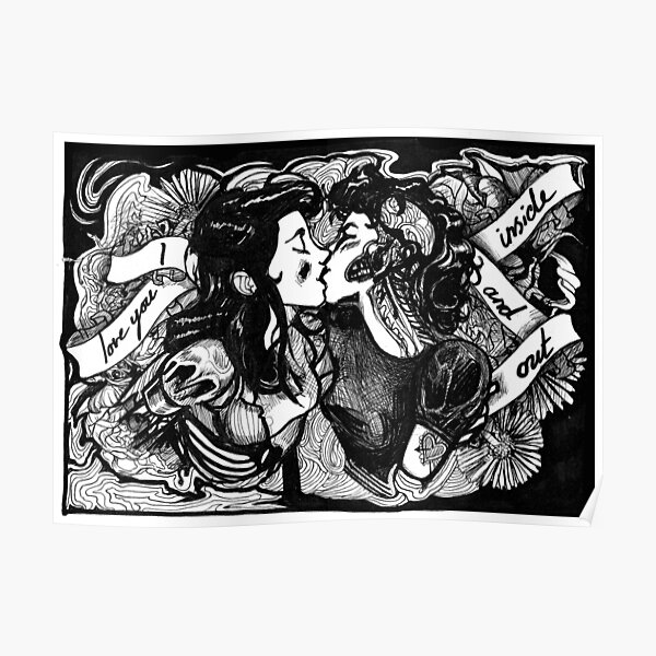 Creepy and Cute Lesbian Valentine's Ink illustration Poster