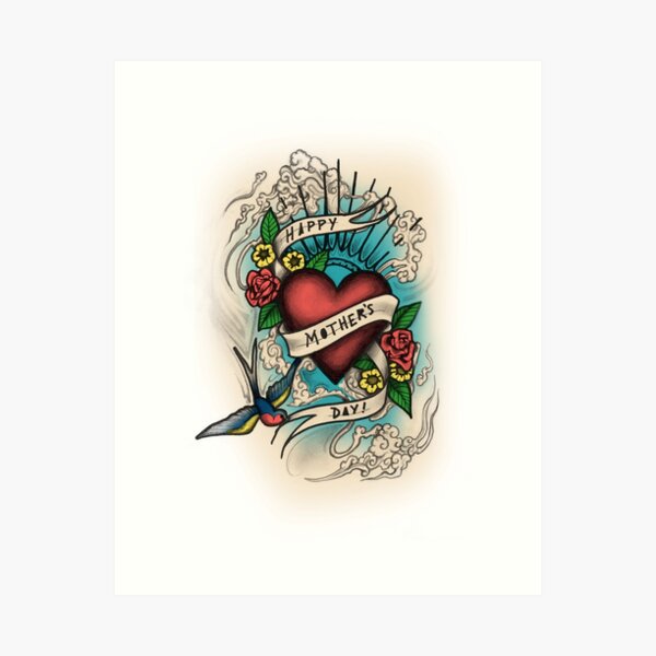Sailor Jerry Inspired Mother's Day Ink, Graphite and Digital Illustration Art Print