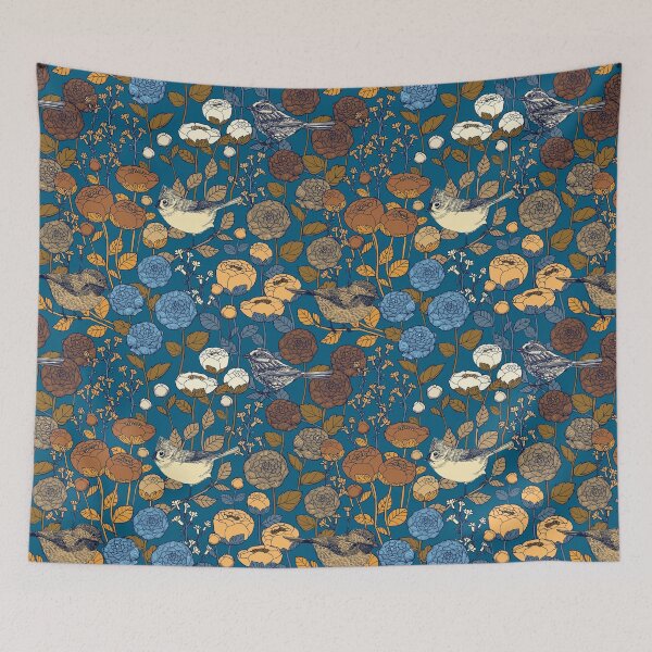 Item preview, Winter Rose Garden Birds Antique Blue designed and sold by Cecilia Mok.