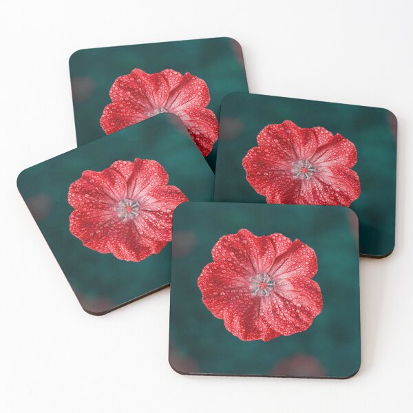 Item preview, Macro of a red flower covered with dew water droplets. Bokeh bubbles on teal green background designed and sold by macroviewpoint.