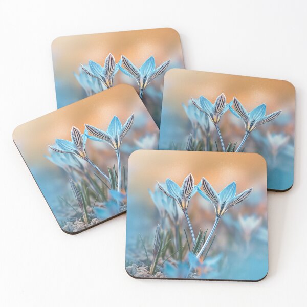 Item preview, Macro of two light blue striped crocus flowers on orange magical scenery with blur, bokeh and magical floating elements designed and sold by macroviewpoint.