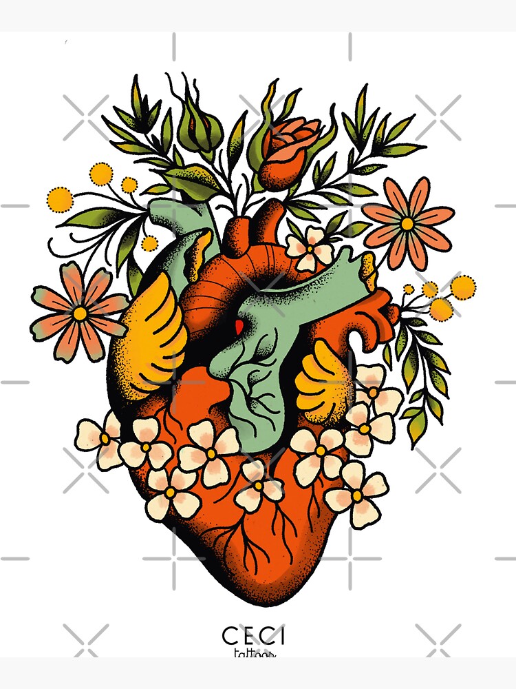 Anatomical Heart with flowers, tattoo flash by ceciliagranata