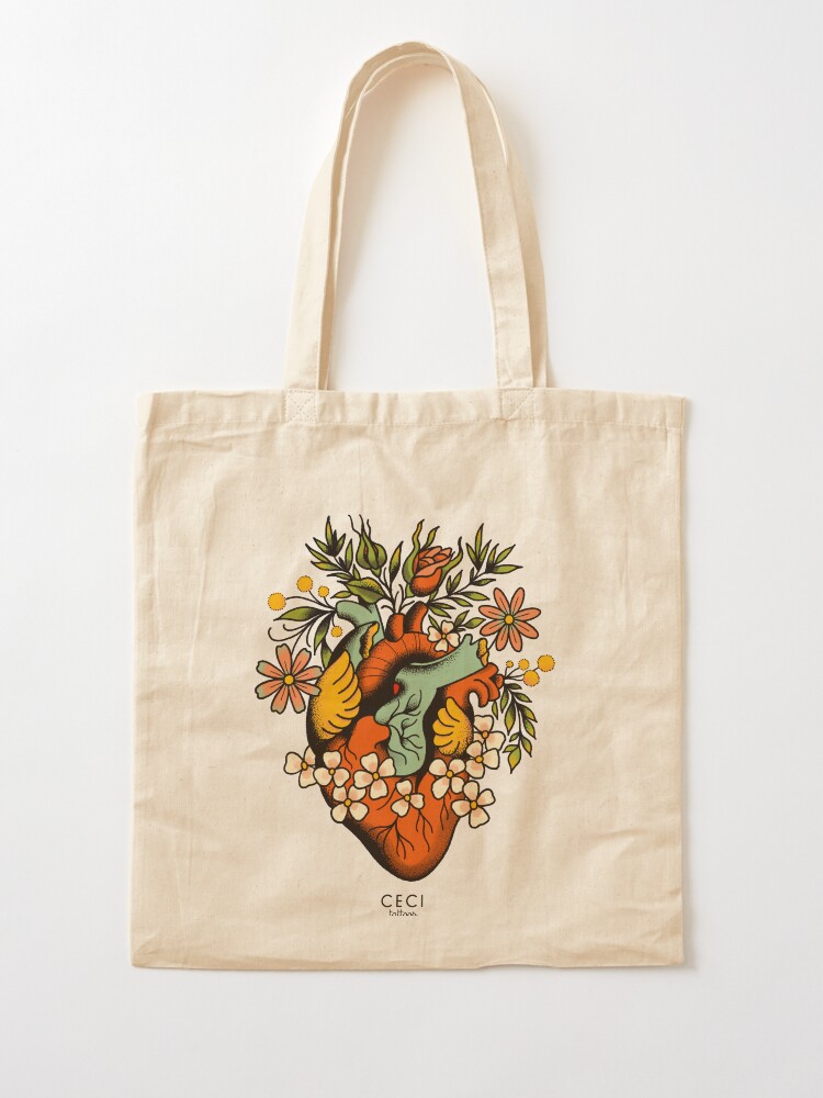Alternate view of Anatomical Heart with flowers, tattoo flash Tote Bag
