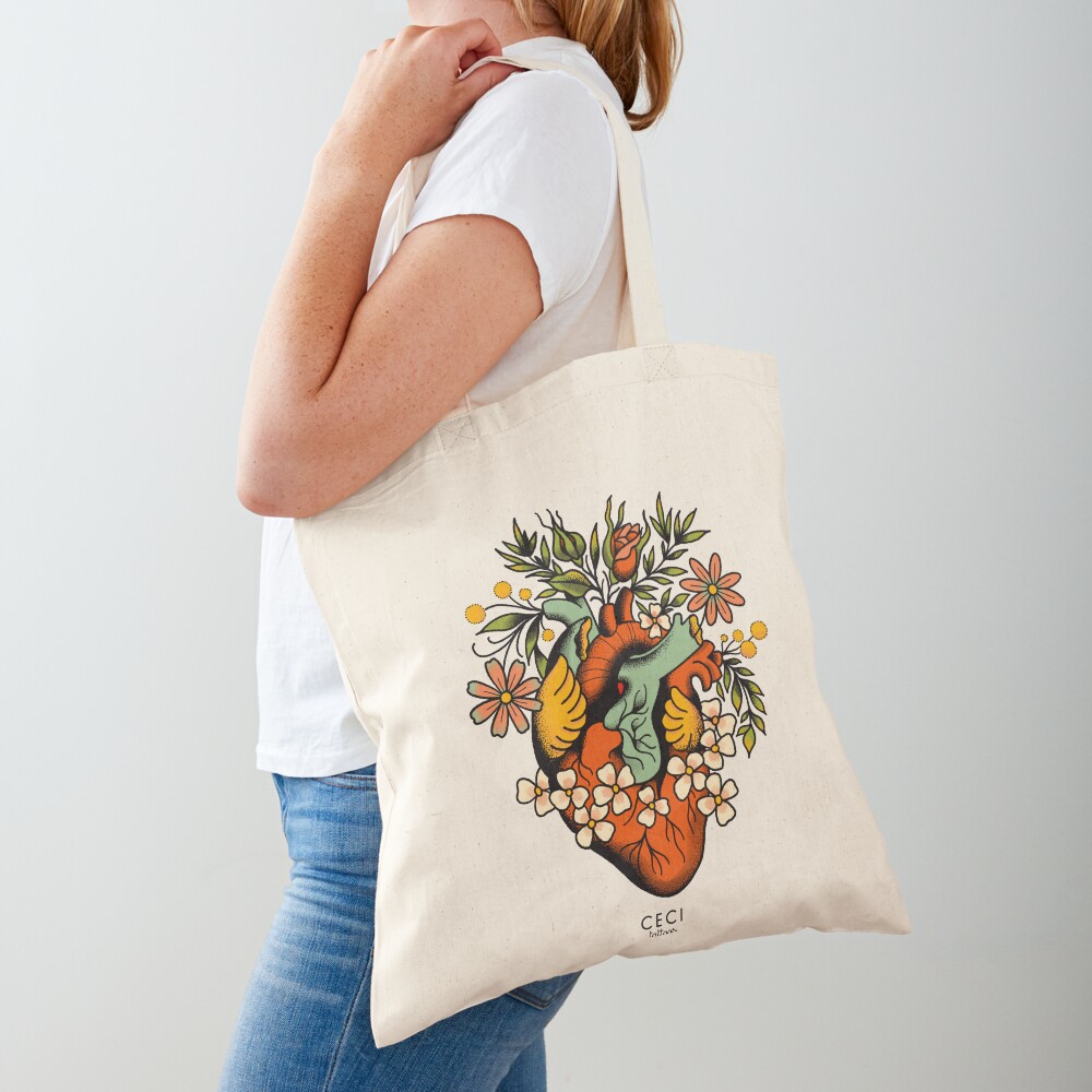 Anatomical Heart with flowers, tattoo flash Tote Bag