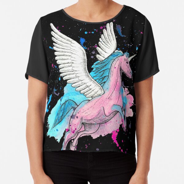 Watercolour Unicorn 1 on Black Chiffon Top