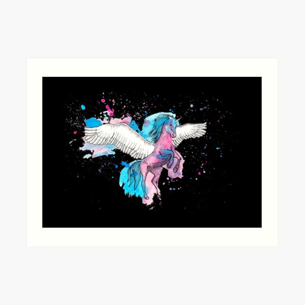 Watercolour Unicorn 2 on Black Art Print