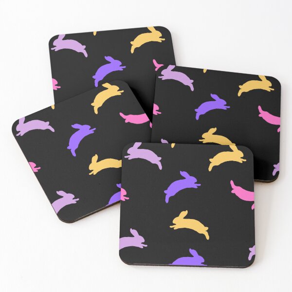 Item preview, Leaping rabbits in yellow, purple, pink, magenta on a black background designed and sold by Mary Egan.
