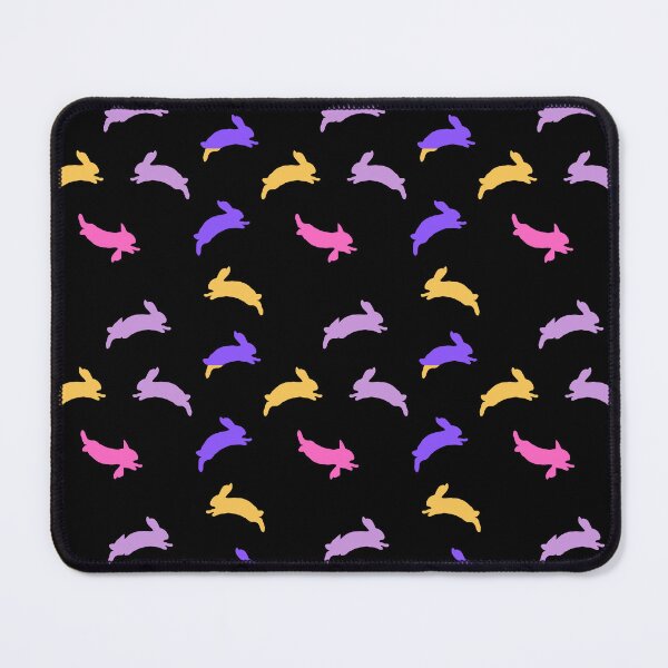 Item preview, Leaping rabbits in yellow, purple, pink, magenta on a black background designed and sold by Mary Egan.