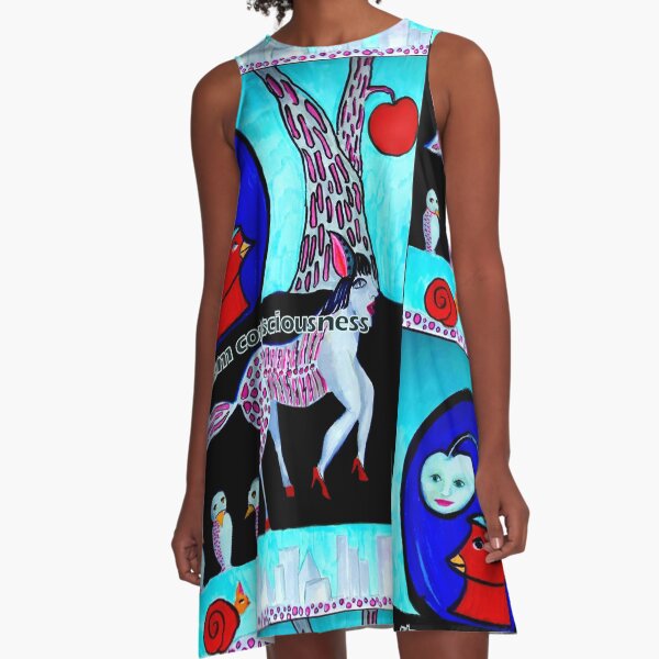 Stream Consciousness on a Horse with Birds and Apples A-Line Dress