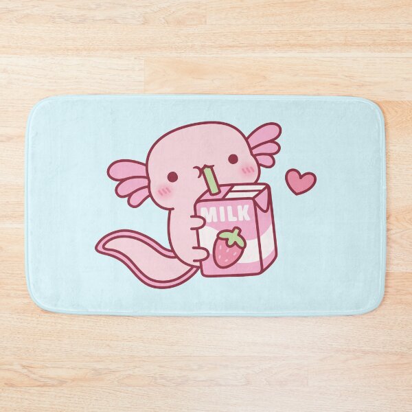 Cute Pink Axolotl Loves Strawberry Milk Bath Mat