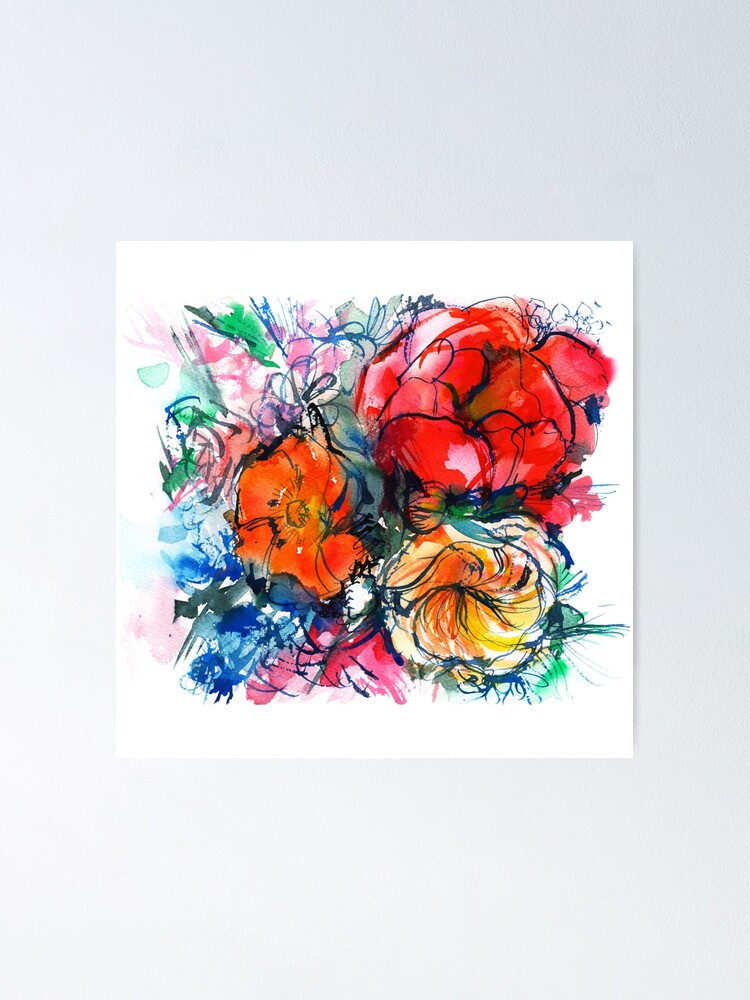 Poster « bouquet de pivoine, renoncule, coquelicot, croquis aquarelle »,  par coconut-forest | Redbubble