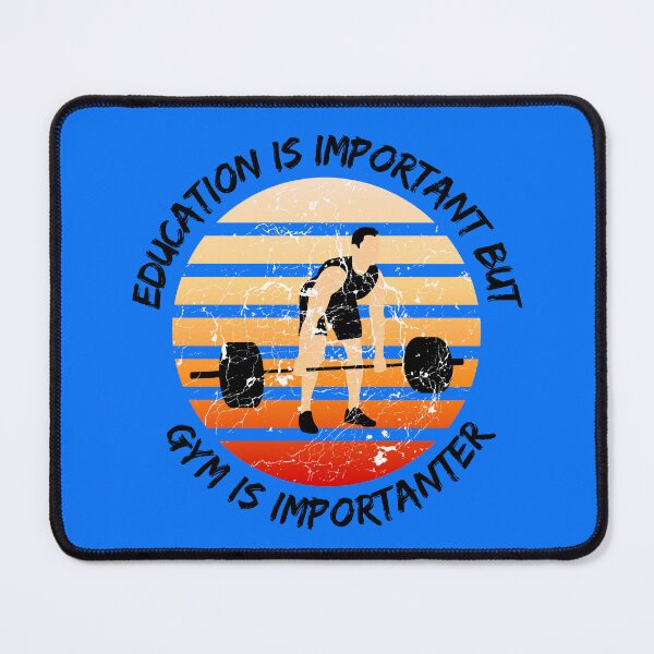 Item preview, Education Is Important But Gym Is Importanter Grunge Retro Sunset Guy Lifting Weights In Blue designed and sold by LuckyKermit.