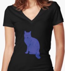 Watercolor Floral and Cat Women's Fitted V-Neck T-Shirt