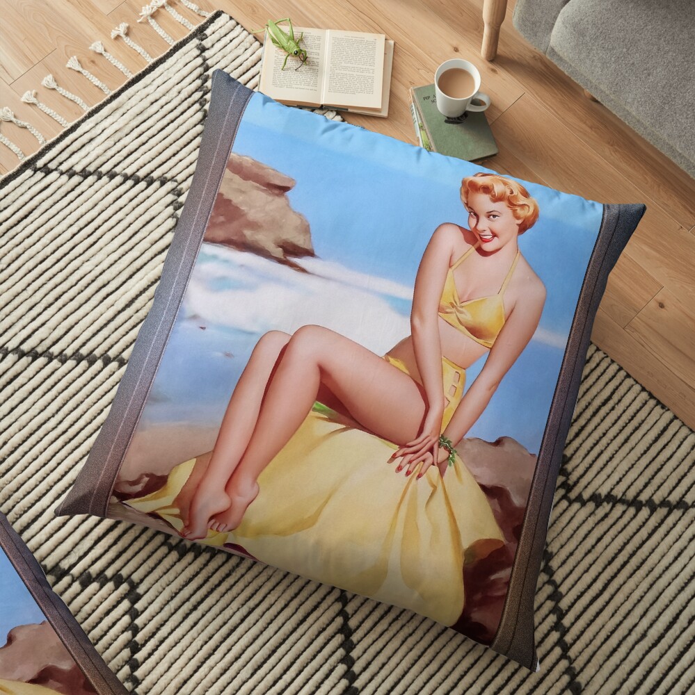 An American Cutie By The Shore by Pearl Alice Frush - A Beauty In Yellow 2 An American Cutie By The Shore by Pearl Alice Frush Remastered Xzendor7 Vintage Illustration Art Reproductions Floor Pillow