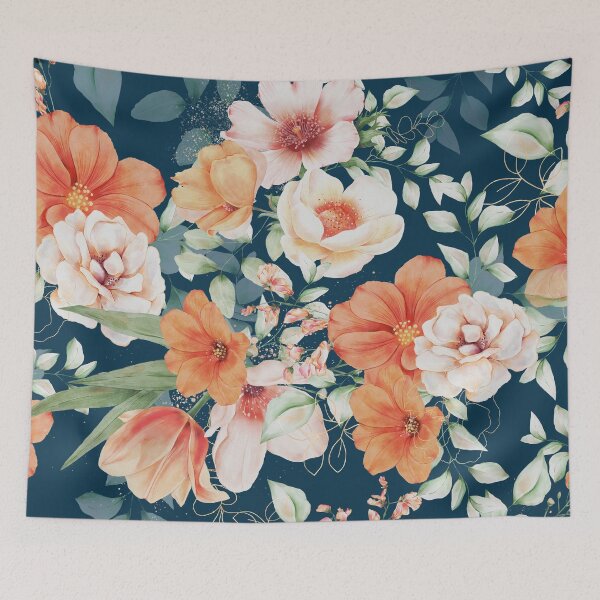 Item preview, Peach Florals with Painted Speckles on Dark Teal Blue designed and sold by meggydesigns.