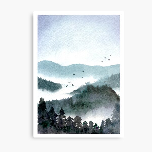 Monochrome watercolour landscape painting – mystical misty mountains