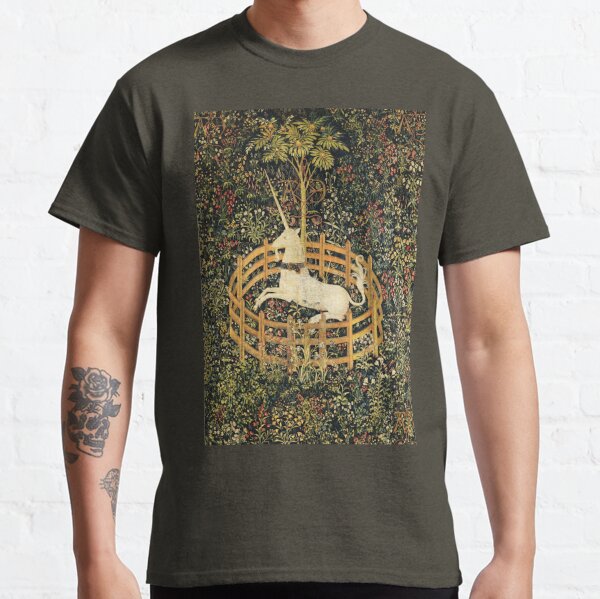 UNICORN AND GOTHIC FANTASY FLOWERS, GREEN FLORAL MOTIFS Classic T-Shirt