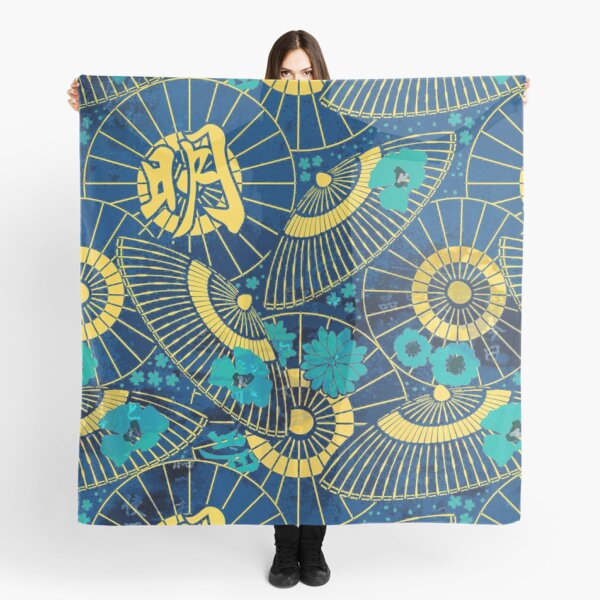 Vintage Japanese Parasol Pattern In Blue And Yellow Scarf