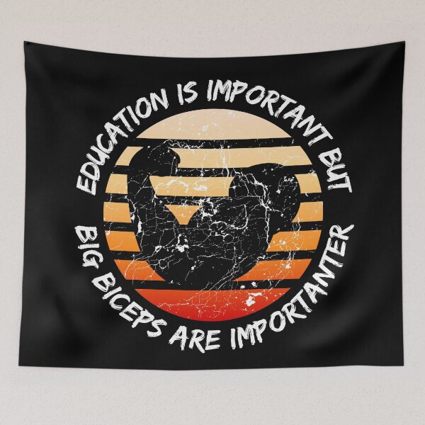 Item preview, Education Is Important But Big Biceps Are Importanter Grunge Retro Sunset Flexing Arm In Black designed and sold by LuckyKermit.