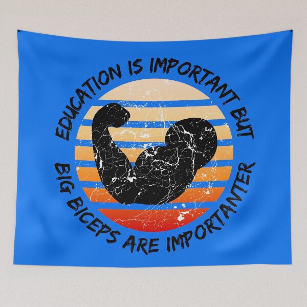 Item preview, Education Is Important But Big Biceps Are Importanter Grunge Retro Sunset Flexing Arm In Blue designed and sold by LuckyKermit.