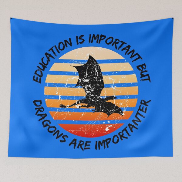 Item preview, Education Is Important But Dragons Are Importanter Grunge Retro Sunset Flying Dragon In Blue designed and sold by LuckyKermit.
