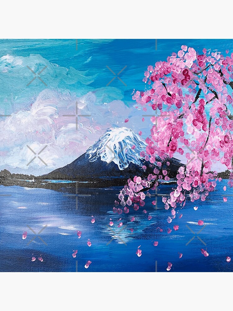 elegant japanese Fuji mountain lake sakura pink flowers cherry