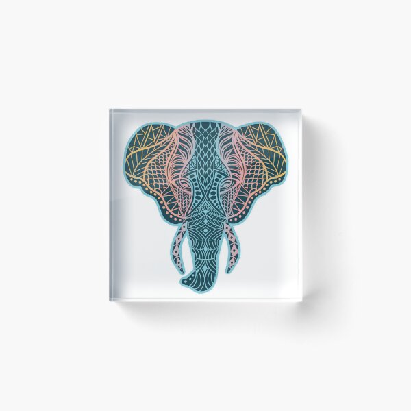 Mandala Elephant - Rainbow Navy Acrylic Block