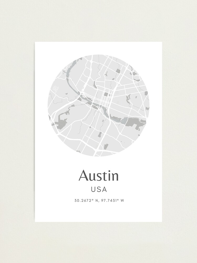 Lámina Fotográfica Circule El Mapa De Viaje De Austin En Blanco Y Negro Con Coordenadas De 0897