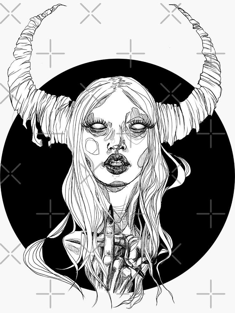 "succubus portrait linear drawing" Sticker by Mothartink Redbubble