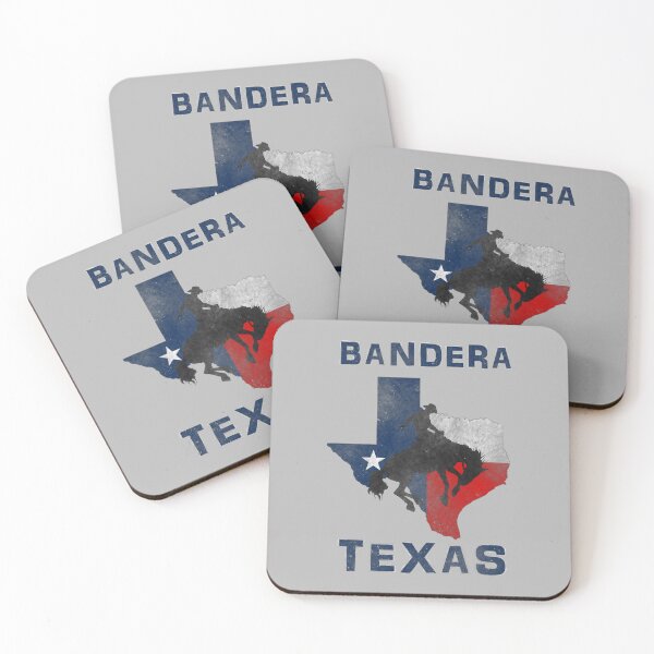 Artikelvorschau, Bandera Texas mit Staatsflagge und Rodeo-Cowboy-Silhouette von Mortal Designs entworfen und verkauft von MortalDesigns.