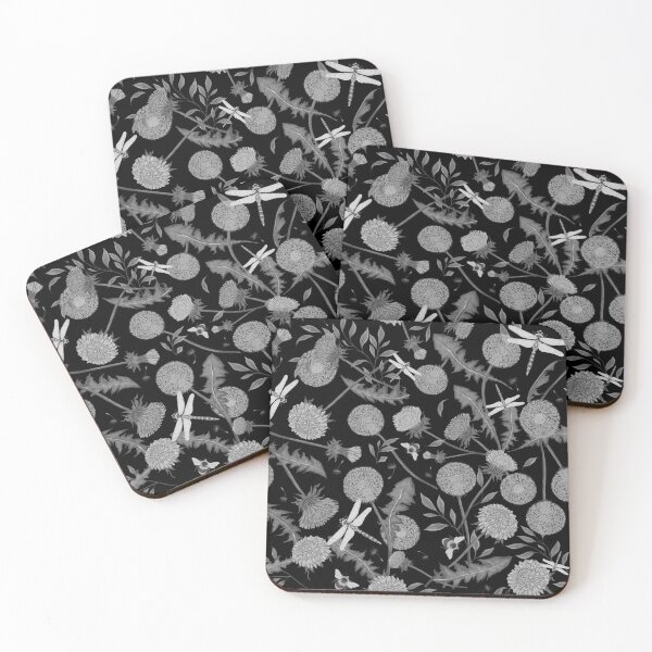 Item preview, Dandelions and Dragonflies Monochromatic on a black background designed and sold by Silver Steer Design.