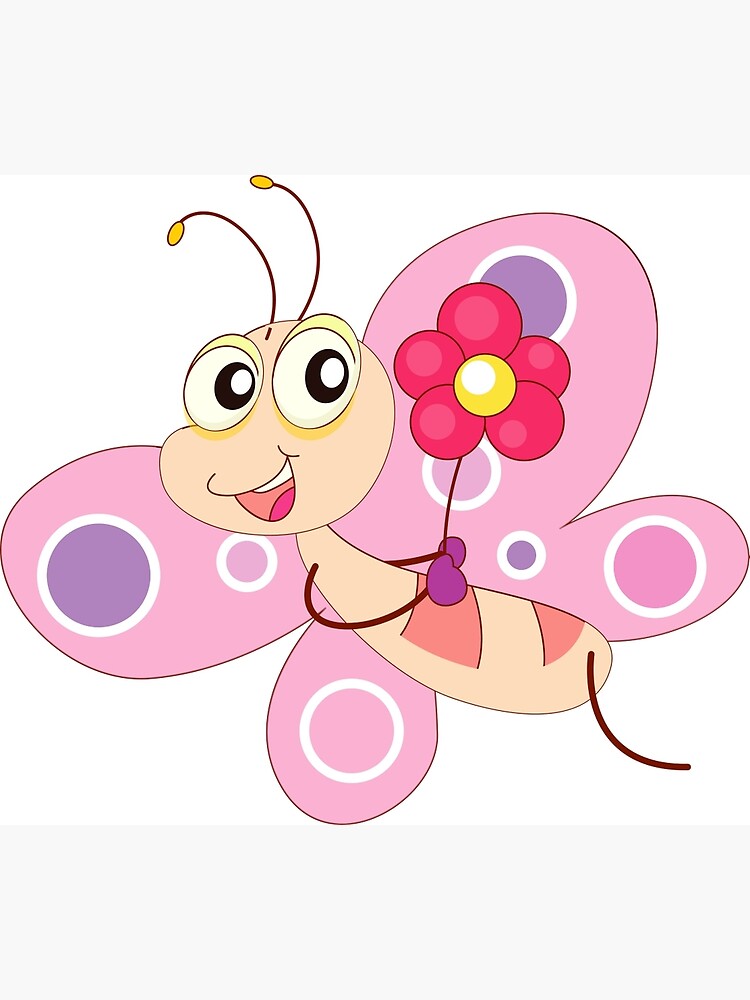 "Cute Funny Cartoon Flying Pink Girly Butterfly Character Doodle Animal