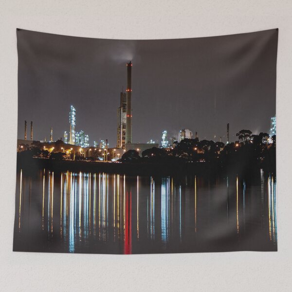 Item preview, Night lights from factory refinery reflecting in blurry streaks on the Yarra river designed and sold by James-Cole.