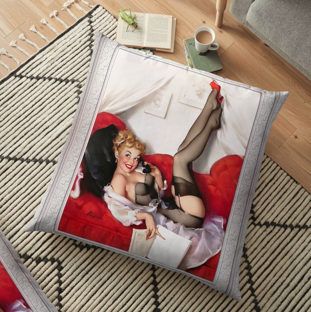 Chat Time by Gil Elvgren - An Alluring Beauty On A Loveseat 2 Chat Time by Gil Elvgren Remastered Retro Art Xzendor7 Reproductions Decorative Art Print Floor Pillow