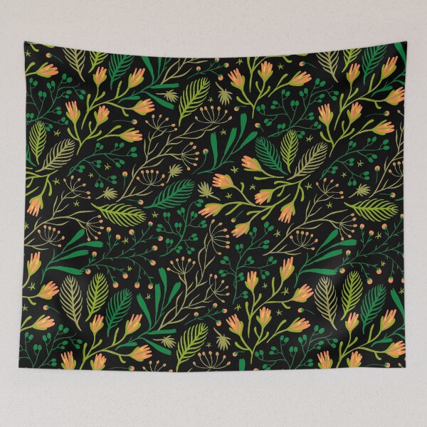 Item preview, Black And Green Swirly Botanical Wildflowers Pattern Leaves designed and sold by RihabPrint.