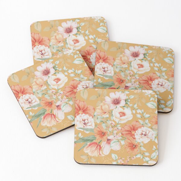 Artikelvorschau, Peach Florals with Painted Speckles on Yellow entworfen und verkauft von meggydesigns.