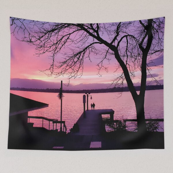 Item preview, Silhouetted Couple on Dock with Pink Sunset Sky designed and sold by SeaChangeDesign.